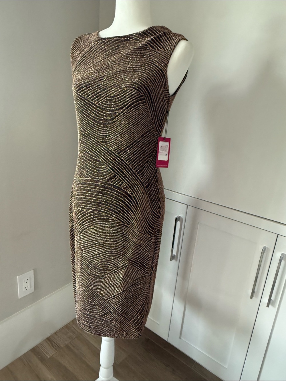 Vince Camuto Black and Gold Wave-Pattern Midi Sheath Dress